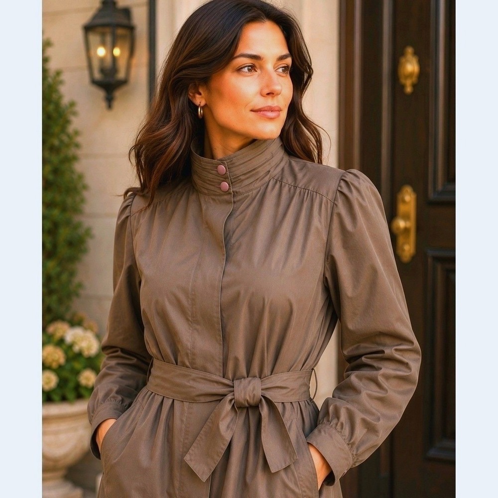 90's London Fog Structured Funnel Button Neck Longline Trench Coat Belted 14